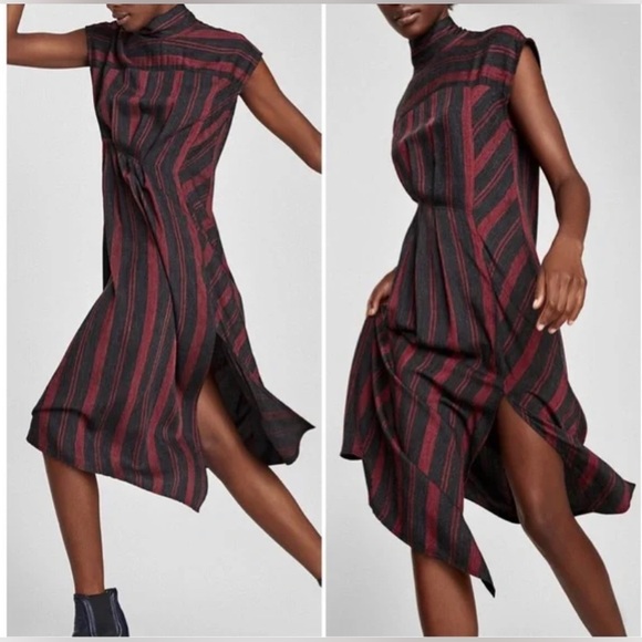 (SOLD) Zara midi dress (M) striped grey & maroon - Picture 4 of 7